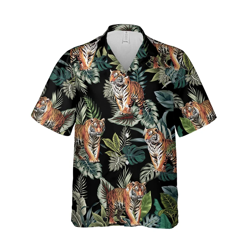 Fashion Hawaiian Tiger 3D Print Shirts For Men Clothes Casual Hawaii Animal Short Sleeve Funny Boy Button Streetwear Kid Blouses