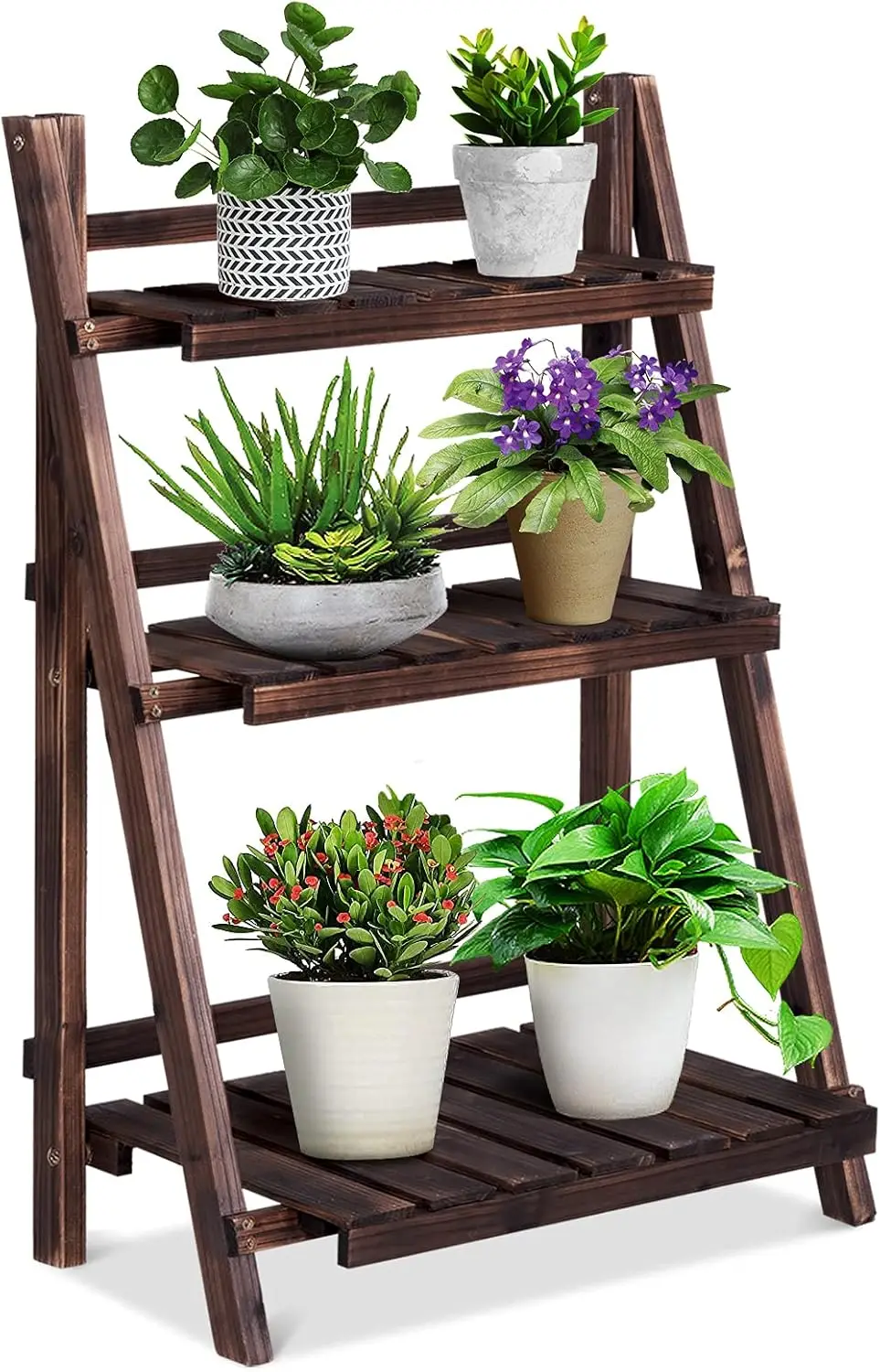 

3-Tier Foldable Wooden Plant Stand with Rustic Design for Indoor and Outdoor Garden Display
