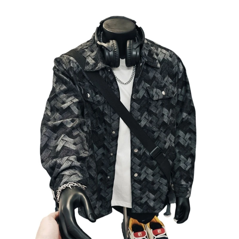 Men's Japanese Vintage Argyle Denim Jacket Ins Style Premium Loose Fit Casual Coat Autumn Streetwear Chic Outerwear