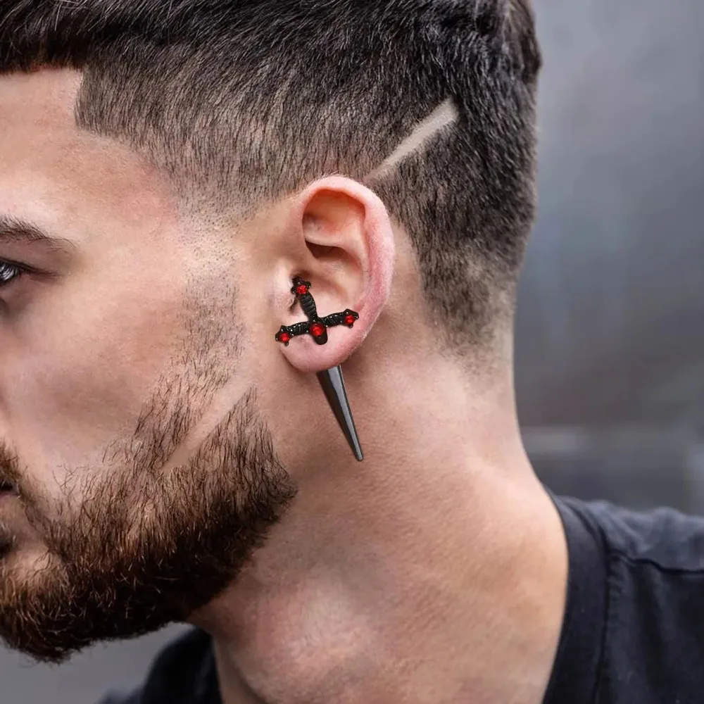 Pendientes de espada góticos vintage estilo punk, pendientes de cristal con diseño de daga gótica para hombre, joyería rock para aniversario, regalo.