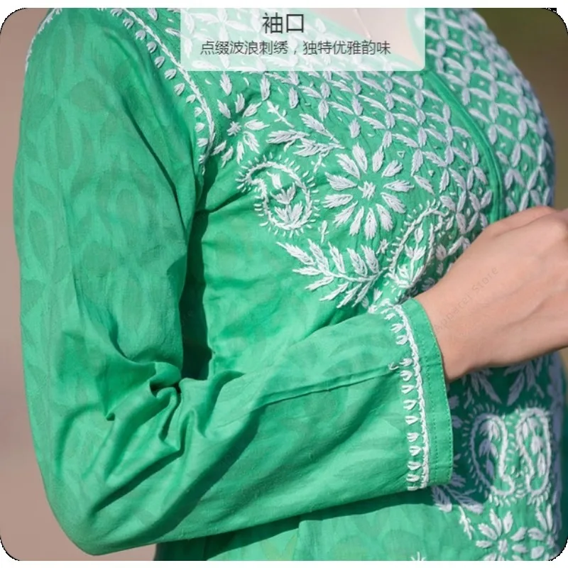 سترة نسائية كورتي هندية/باكستانية مطرزة للربيع والصيف فستان تقليدي رقيق من جنوب آسيا بلوزة خضراء من القطن