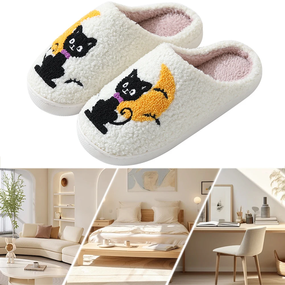 Halloween Cat Moon Slippers Plush Black Cat Slippers Anti Slip Cute Slip-on House Shoes Soft Fuzzy Animal Slippers for Men Women