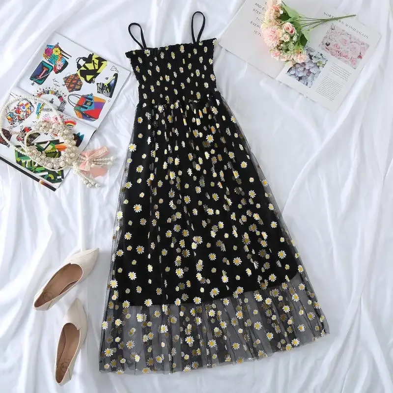 

2024 Summer Mesh High-Waisted Spaghetti-Strap Floral Print Dress Vintage Skirt Woman Dresses Vestido De Mujer Femme Robe