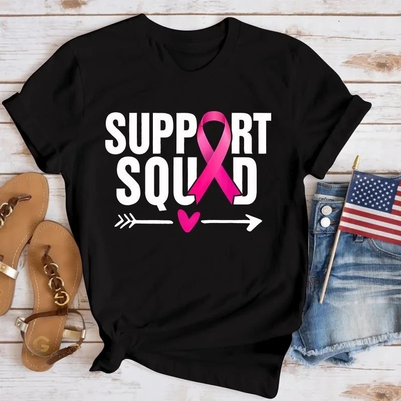 Breast Cancer Awareness Support Squad Letter Printed Short Sleeve Shirts Women Summer Round Neck Tee Shirt Casual Funny Tee Tops