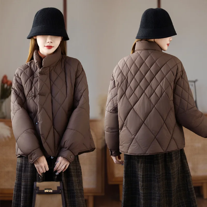 Down Cotton Jacket Women 2025 Diamond-patterned Short Winter New Solid Color stand-up Collar Thickened cotton-padded Jacket