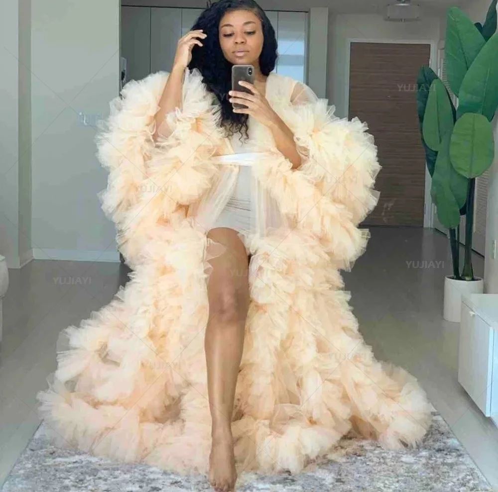 Tulle Robe Perspective Sheer Maternity Gown for Photoshoot Pregnancy Women Dressing Gown Fluffy Bridal Dress Sleepwear Nightwear