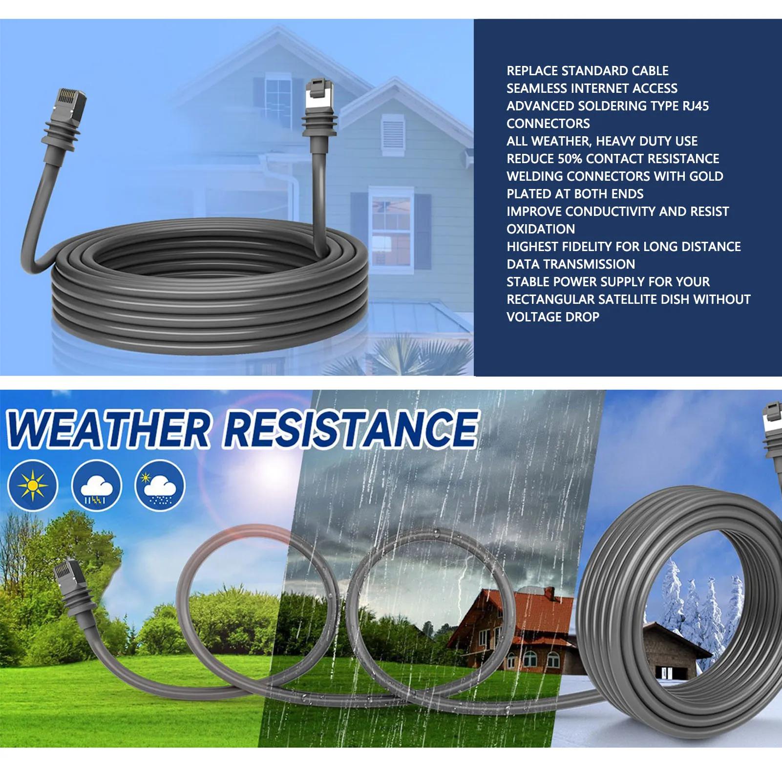 Rectangular Satellite Cord Good Performance PVC Jacket Solder Type RJ45 Connectors Satellite Replacement Cable 30FT for Villas