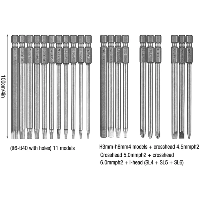 Set obeng Torx Bit, 21 buah Set Obeng Torx (100Mm), Set Bit T6-T40 panjang dengan magnetik, segi enam 1/4 inci