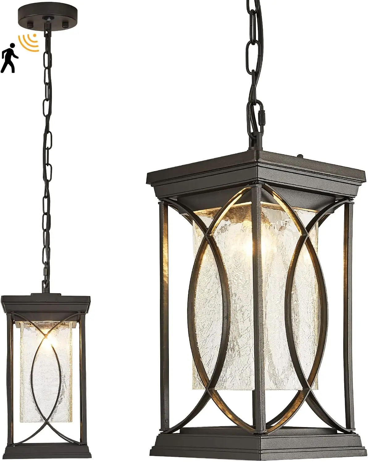 Motion Sensor Outdoor Pendant Light, Dusk to Dawn Ceiling Hanging Lantern for Porch, Modern Black with Crack Glass