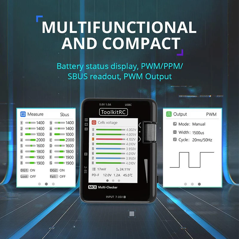 ToolkitRC MC8 Multi-Checker Tester Smart Battery Charger Balancer PD Fast Charging PWM/PPM/SBUS Readout For RC FPV Battery
