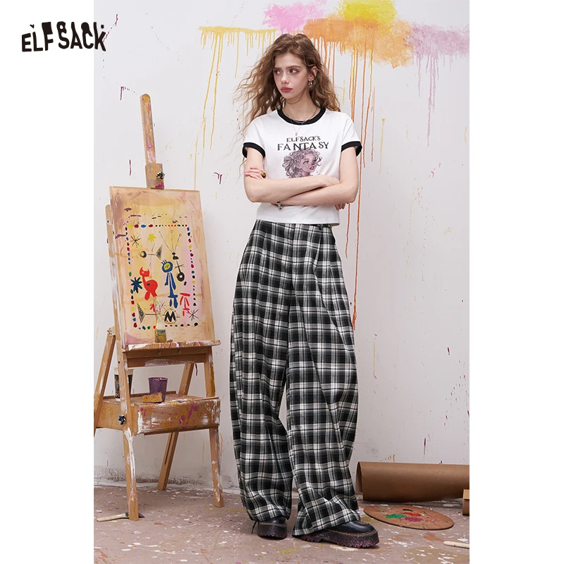 

ELFSACK Women's Black Plaid Wide Leg Pants with Oversized Fit, Vintage Preppy Trousers for Daily, Casual High Waist Slacks