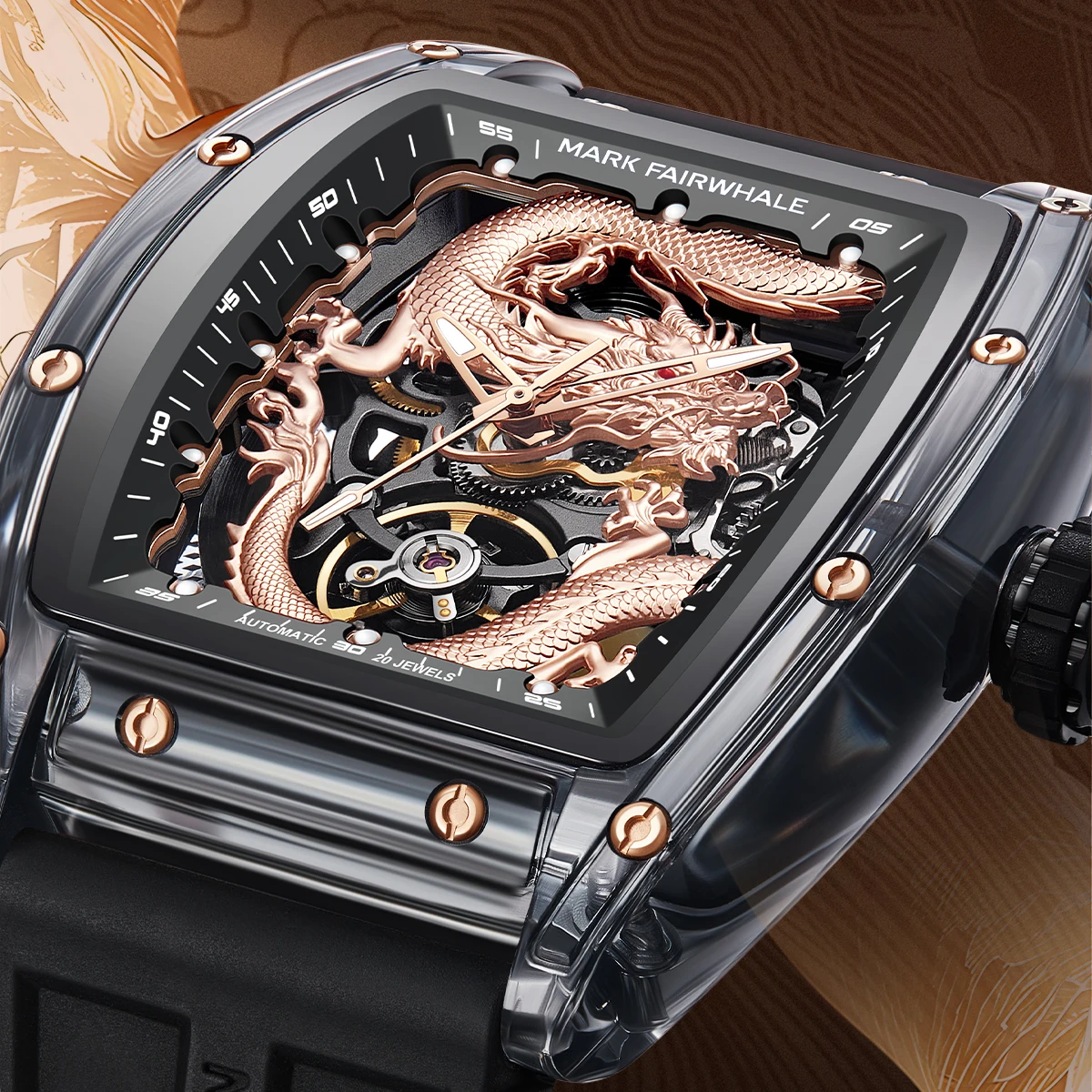 

Mark Fairwhale Luxury 3D Auspicious Design Dial Transparent Acrylic Case Automatic Mechanical Large size Watch for man
