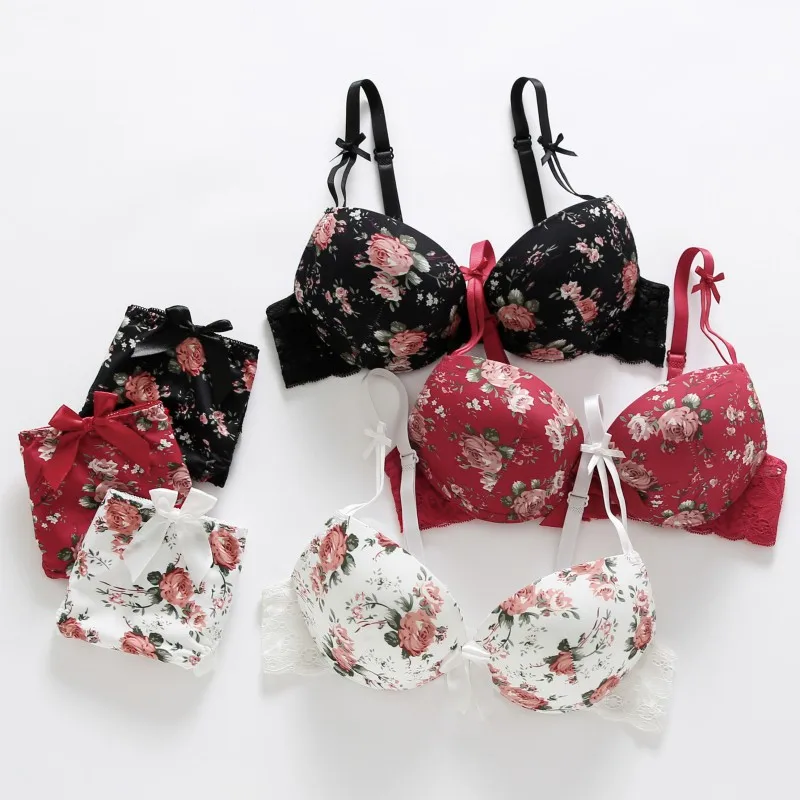 1Set Women\'s Sexy Embroidery Adjusted-straps Lingerie Suit Underwire Push-Up Thin Padded Bra Flower Printing Bras Sets