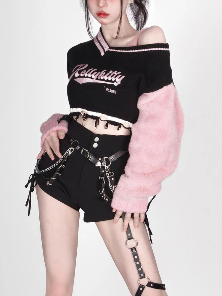 Deeptown Y2K Harajuku Pink Striped Cropped Sweater Women Fashion Embroidery Knitted Jumper Sexy V-neck Long Sleeve Pullover Tops