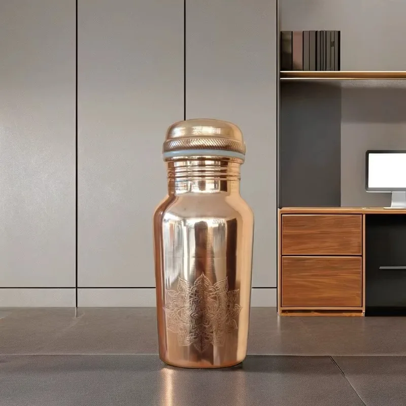 500ML Engraved Pattern Copper Water Bottle Screw Leakproof Lid Vintage Portable Home Office Drink Container
