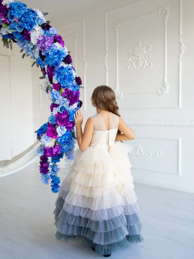 Custom Flower Girl Dresses Sleeveless Illusion Neck Multi-Tier Ruffle Tulle Floor Length Gradient Tiered Formal Ball Gown