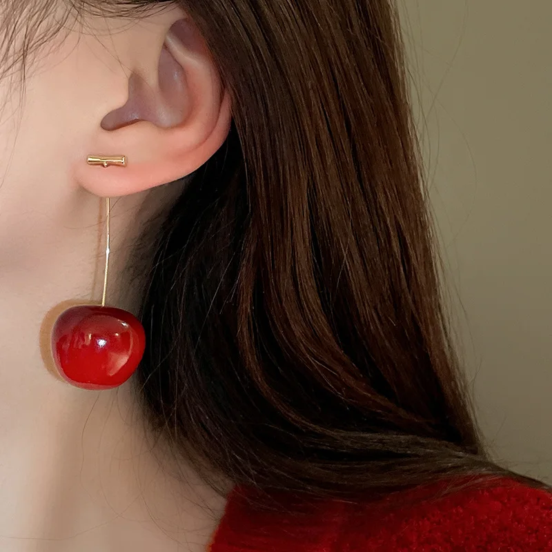 Cute Rhinestone Strawberry Cherry Earrings for Women Sweet Lovely Girl Drop Earrings Delicious Resin Fruit Charm Luxury Jewelry