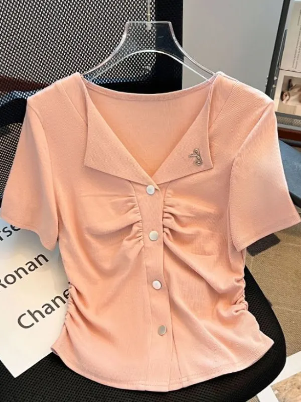 Camiseta Feminina de Verão com Gola Dobrada, Ajuste Slim, Comprimento Médio, Estilo Coreano, Top V-ne