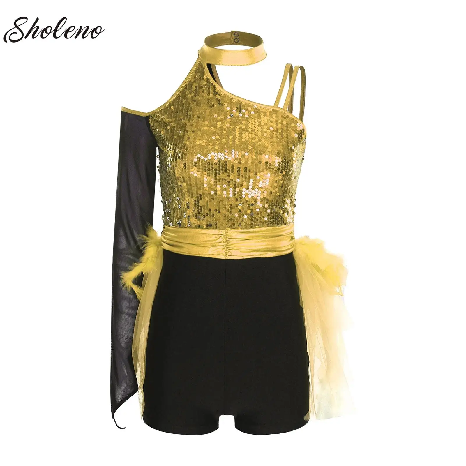 

Womens Spanish Jazz Dance Jersey Leotards Rhythmic Gymnastics Skirted Feather Tulle Unitards Figure Skating Performance Costume