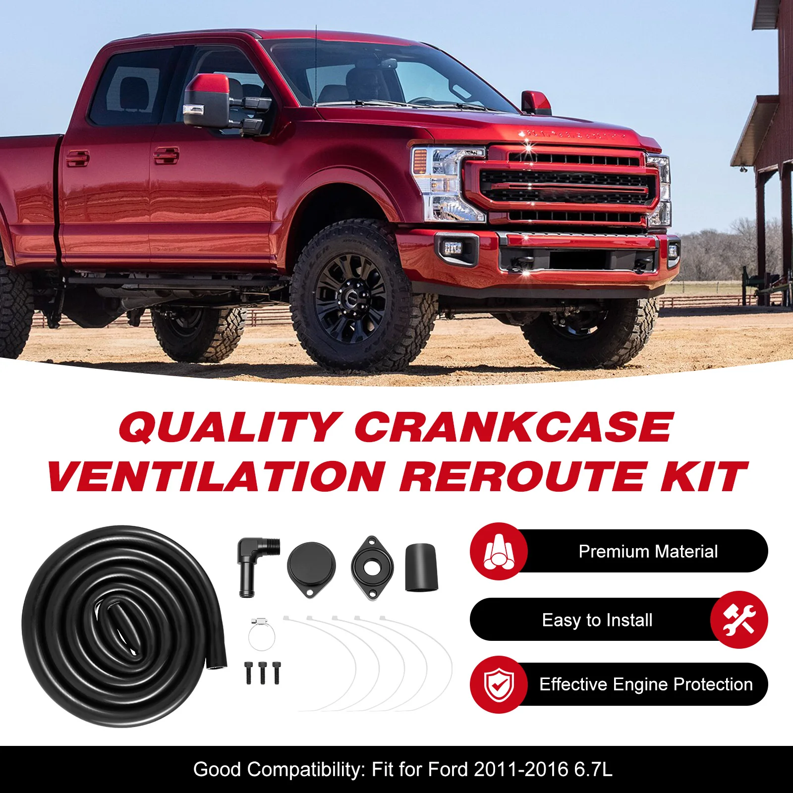 

Crankcase Ventilation Reroute Kit for the 2011-2016 Ford 6.7L Power Stroke Diesel Reduce Noise & Vibration Easy to Install