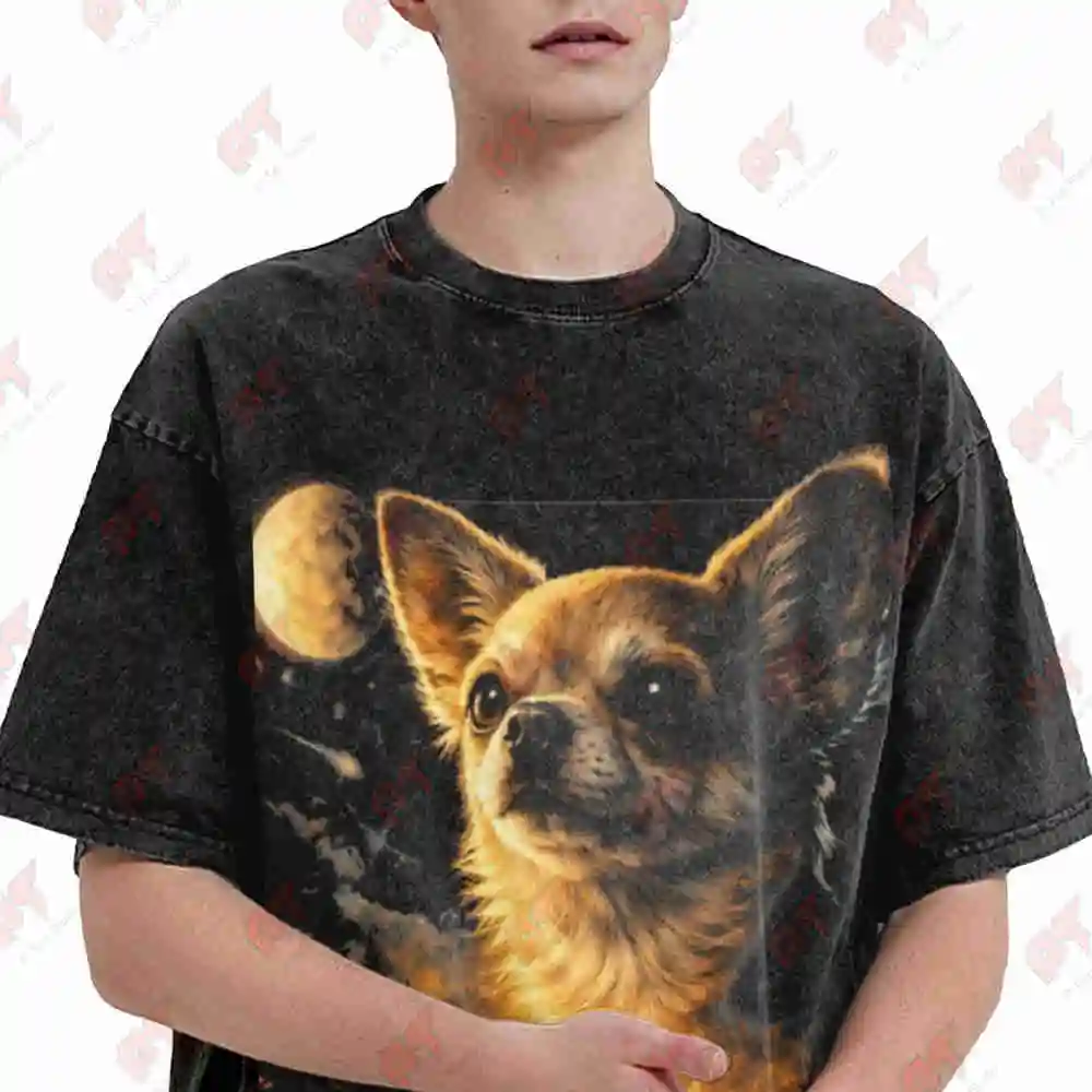 Chihuahua Howling To The Moon Parody Night Art Funny Vintage Washed Tee Pure Cotton T-Shirt