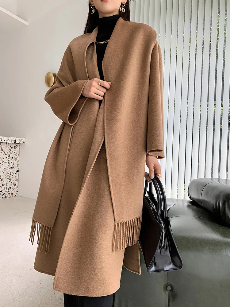 CAIXINGLE Scarf Collar Double Sided 100% Wool Coat Korean Style Medium Long Solid Color Overcoats Female Luxury Clothing 2R9670