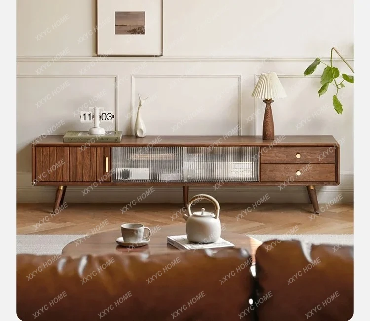 A  sale Solid wood TV cabinet living room glass simple storage black walnut floor