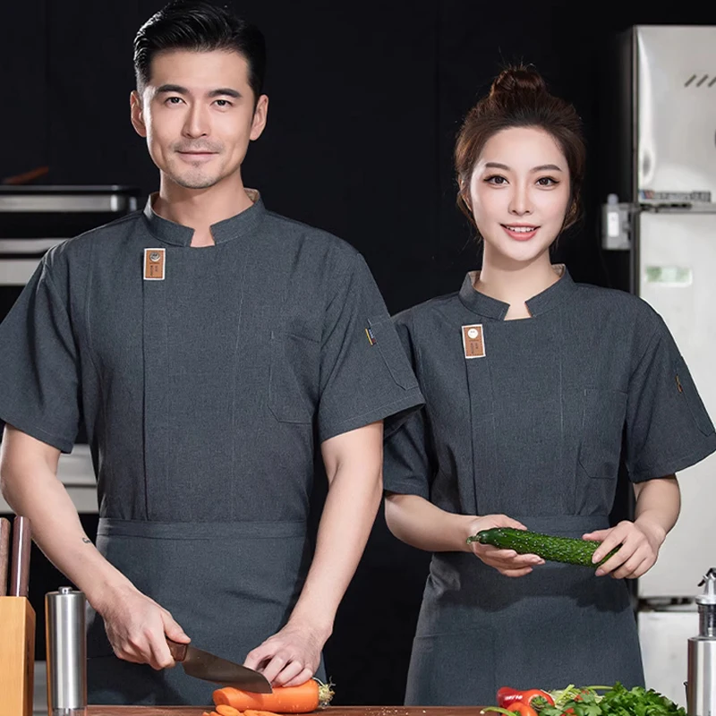 Black Chef Jacket Short Sleeve Kitchen Uniform grey Cook Coat Chef T-shirt Baker Work Uniform Waiter Restaurant Hotel Clothes