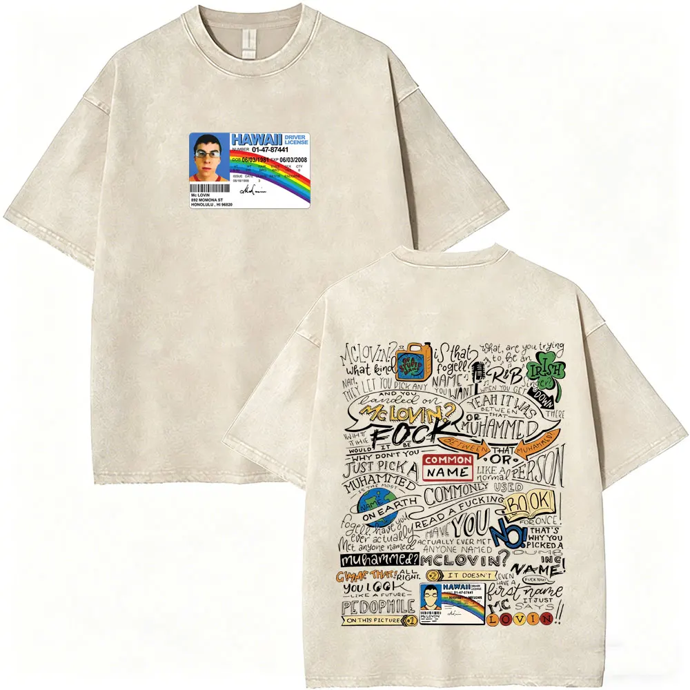 Gewaschenes Vintage-Film-T-Shirt mit lustigem Mclovin-Grafikdruck für Männer und Frauen, lässiges Humor-T-Shirt, Herrenmode, Oversize-Streetwear – Detail 10