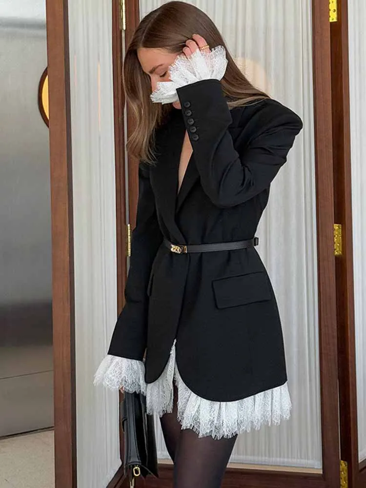 BKQU Lace Patchwork Blazer Mini Dress Women V-Neck Ruffled Slim Long Sleeve Fashion Suit Dress High Waist Elegant Party Gown Y2k