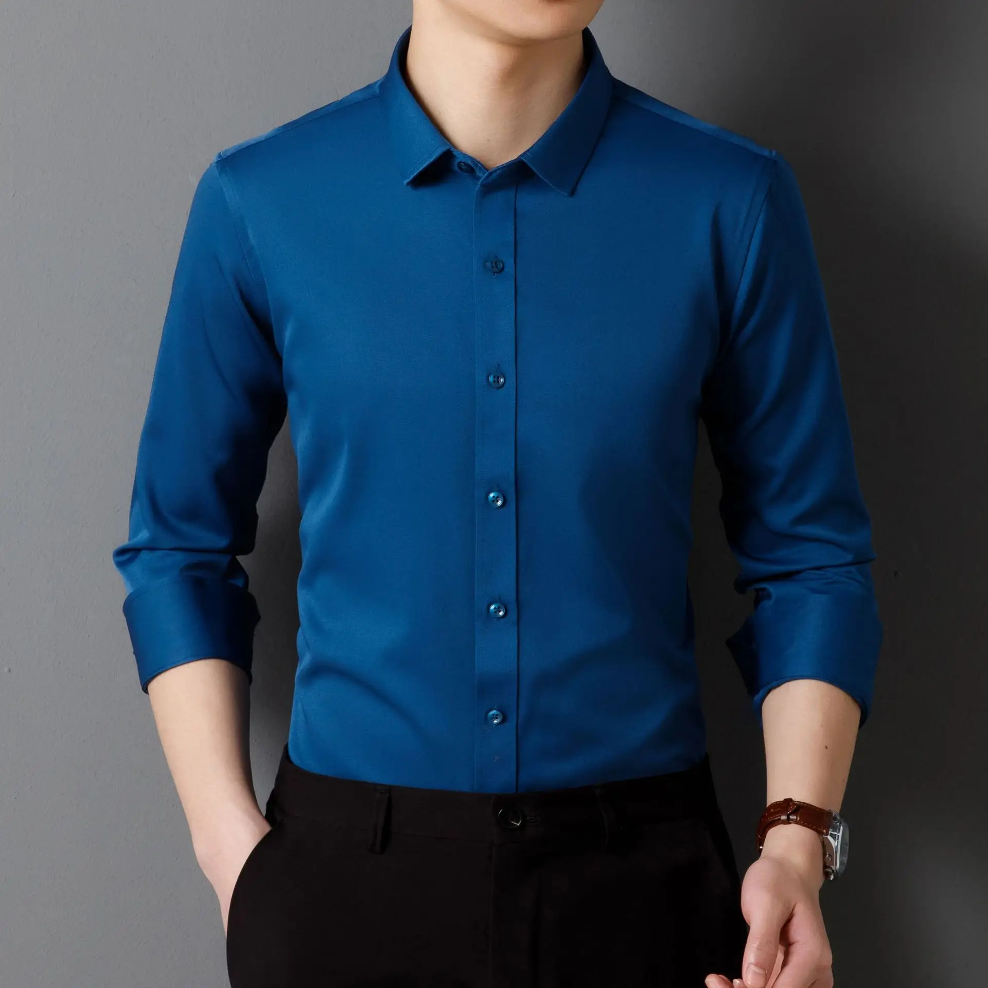 Chemise artificiel astique à Quatre Côtés pour Homme, Sans Fer, Coupe Slim, Couleur Unie, Sans Poche, Printemps