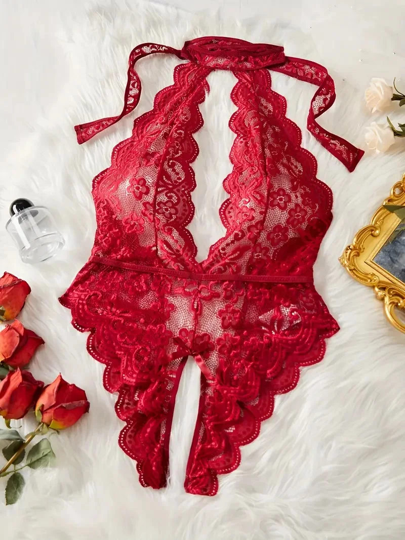 ملابس النساء الأحمر الجوف خارج الرسن ارتداءها مثير امرأة الجسم قطعة واحدة الدانتيل الملابس الداخلية المثيرة Crotchless فستان صنم الحميمة #2