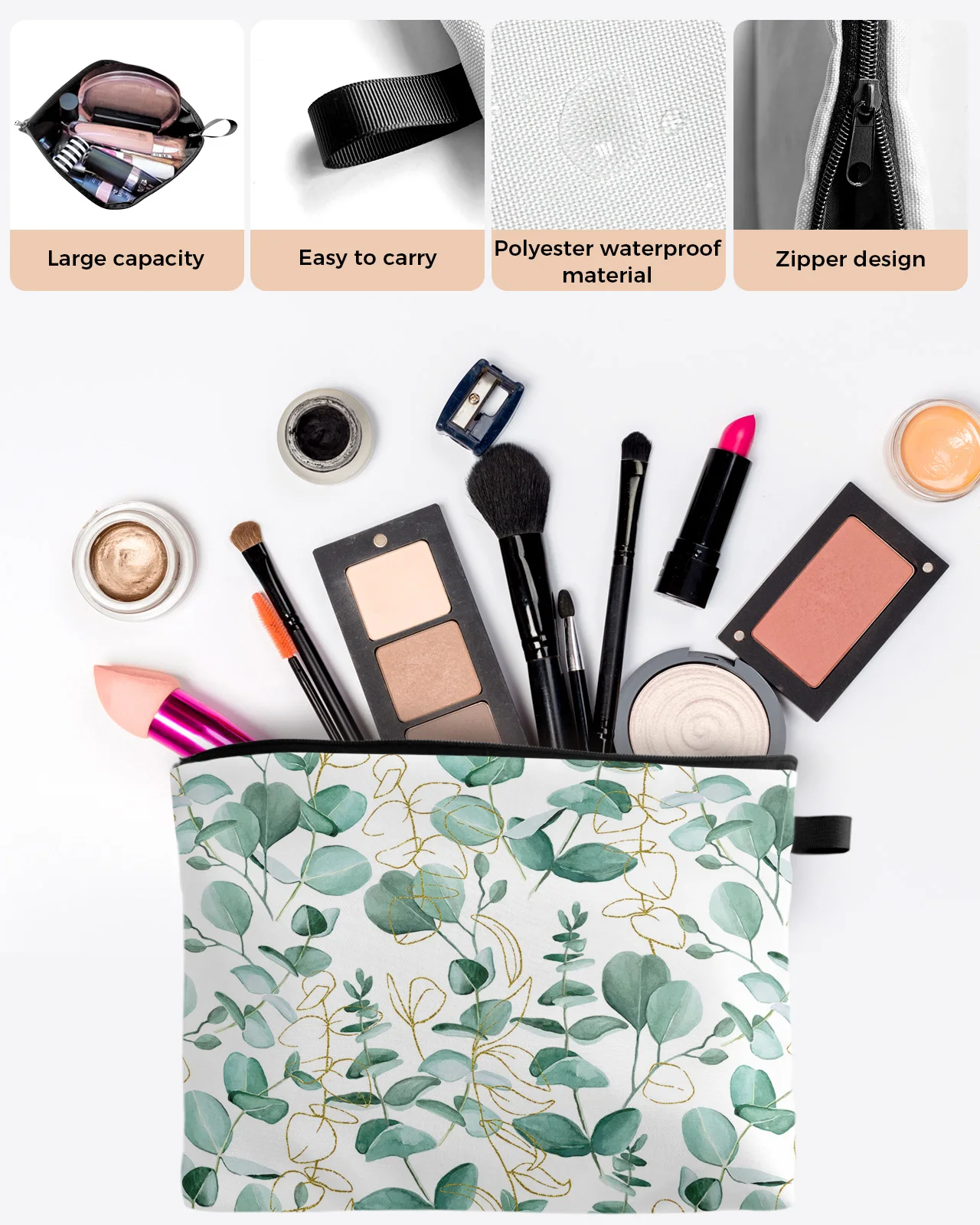 Eucalyptus Plant Green Leaves Abstract Custom Travel Cosmetic Bag Portable Makeup Storage Pouch Women Waterproof Pencil Case