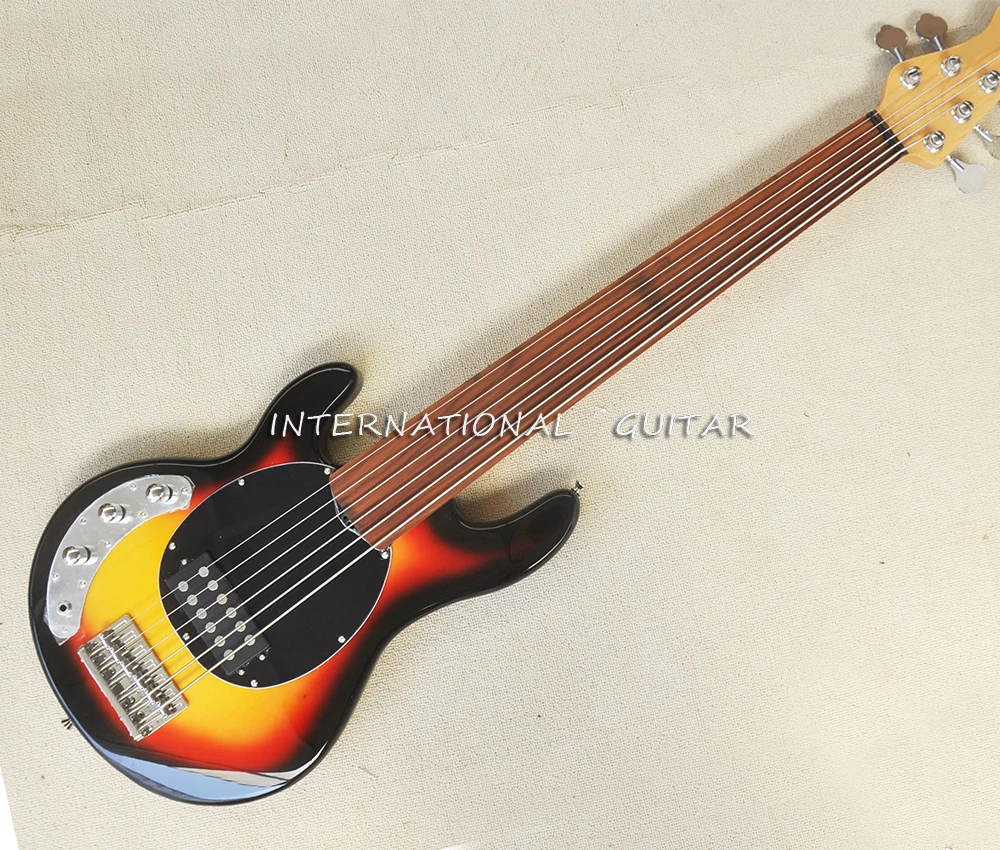 6 Strings Fretless Tobacco Sunburst Electric Bass Guitar with Rosewood Fretboard,Left Hand