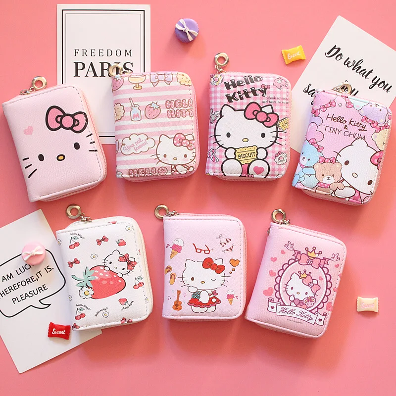 

Sanrioed Hellokittys Short Wallet Anime Cute Cartoon Schoolgirl Mini Zipper Hand Coin Purse Keychain