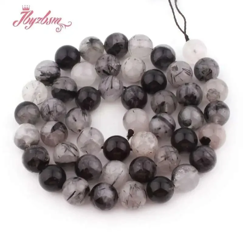 

6/8/10mm Natural Black Rutilated Round Smooth Stone Beads For Necklace Bracelats Spacer Strand 15" DIY Jewelry Making