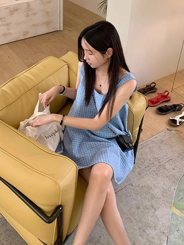 Retro Svel Vest Dr Women's Summer New Loose Slim A-Line ort Skirt Cotton Sweet Sle round Ne Gingham Pattern