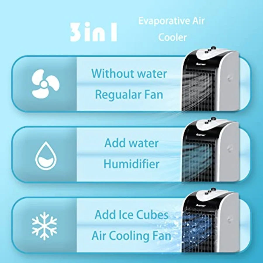 Evaporative Air Cooler for Room Home Office Dorms, White Plastic, 3-in-1 Cooling Fan with 2 Ice Crystal Boxes, 3-Mode 3-Speed 4 view 2