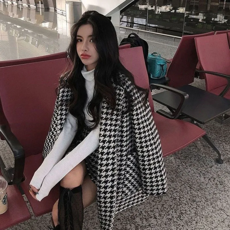 Spring Autumn 2024 New Houndstooth Suit Women\'s Fashion Loose Double-Breasted Cotton Woolen Coat+High Waist Skirt Two-Piece Suit