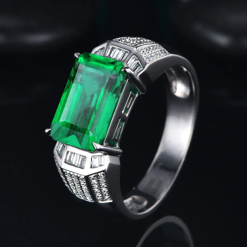 Luxury Elegant Green Crystal Simulation Emerald Rings For Men Women Fashion Party Jewelry Gift Wide Face Silver Color Ring