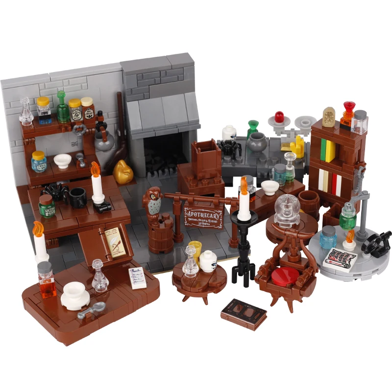 MOC Medieval Wizard Scene Building Blocks Shop Laboratory Stovepipe BedroomTable Pharmacis Book Candle Witch Skeleton Bricks Toy