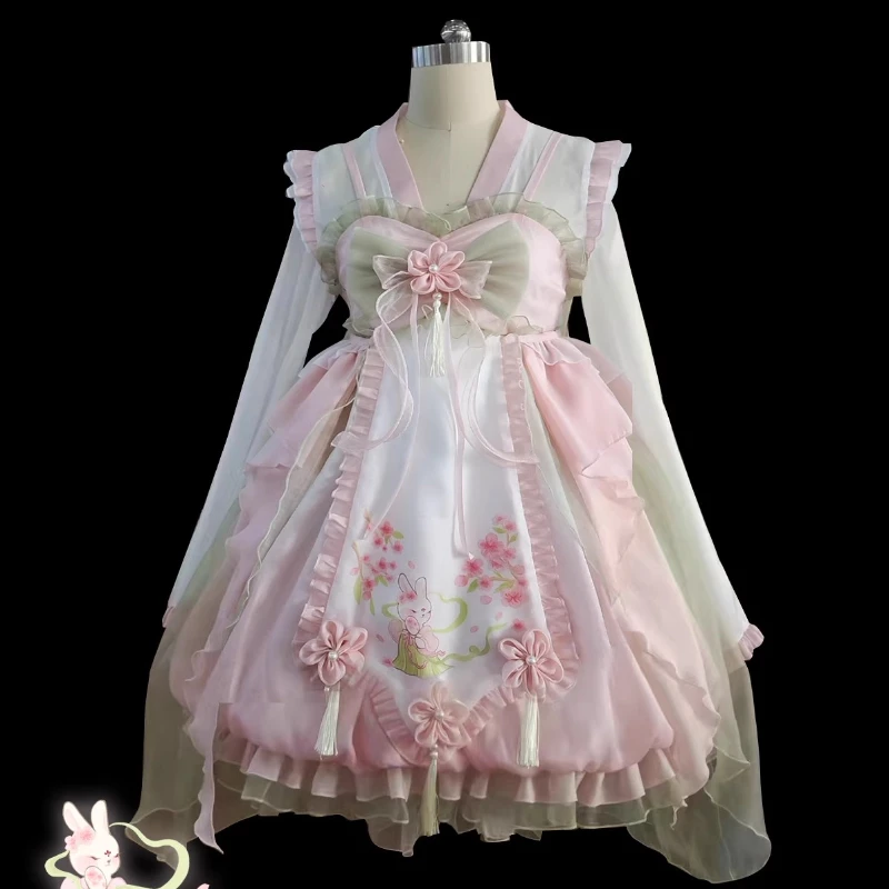 Chinese Hanfu Style Kawaii Lolita Sets Sweet Lolita Princess Dress Women Cute Cartoon Rabbit Print Flower Ruffles Party Dresses