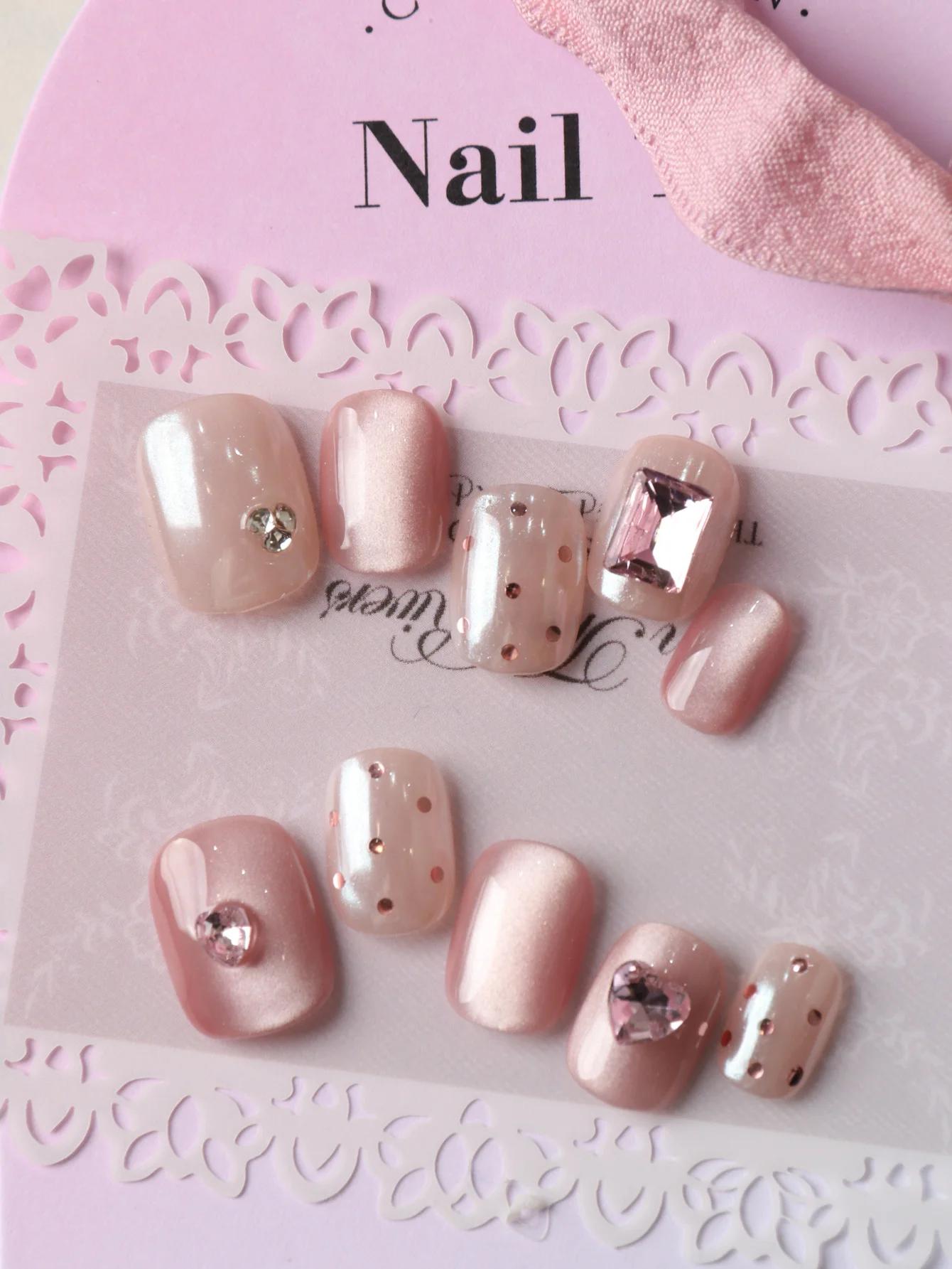 10Pcs Acrylic Press on Pink Cat Eyes Flash Diamond Fake Nails Includes 1 Sheet of Adhesive Tabs & 1 Pc Mini File