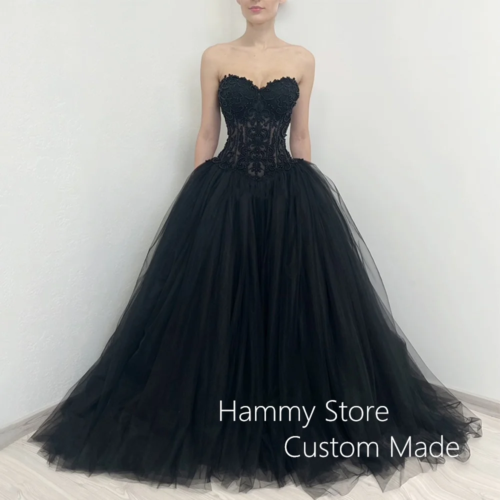 Pérolas Gothic Vestido De Noiva Personalizado Querida Applique Ball Gown Espartilho Noiva Vestidos Robe Mariee Vestidos De Casamento Preto