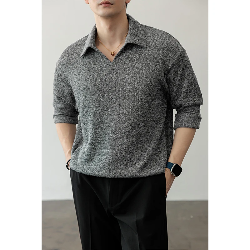 

New Crossbody V Neck Wheat Grain Textured Pullover Shirt Spring Long Sleeved Lapel Mens Loose Casual Top Polo