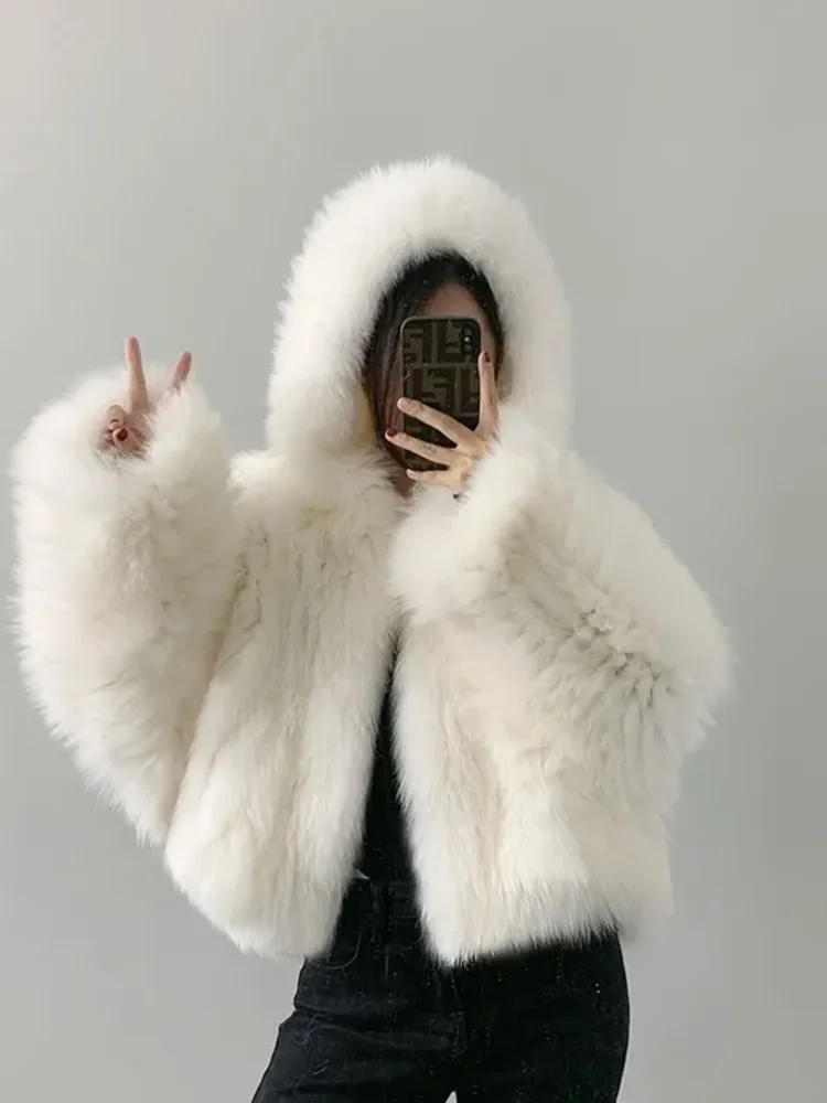 Hooded Winter Faux Fox Fur Coats Korean Fashion Furry Jacket Warm Thick Luxury Plush Slim Fit Type Casual Girl New Chaquetas