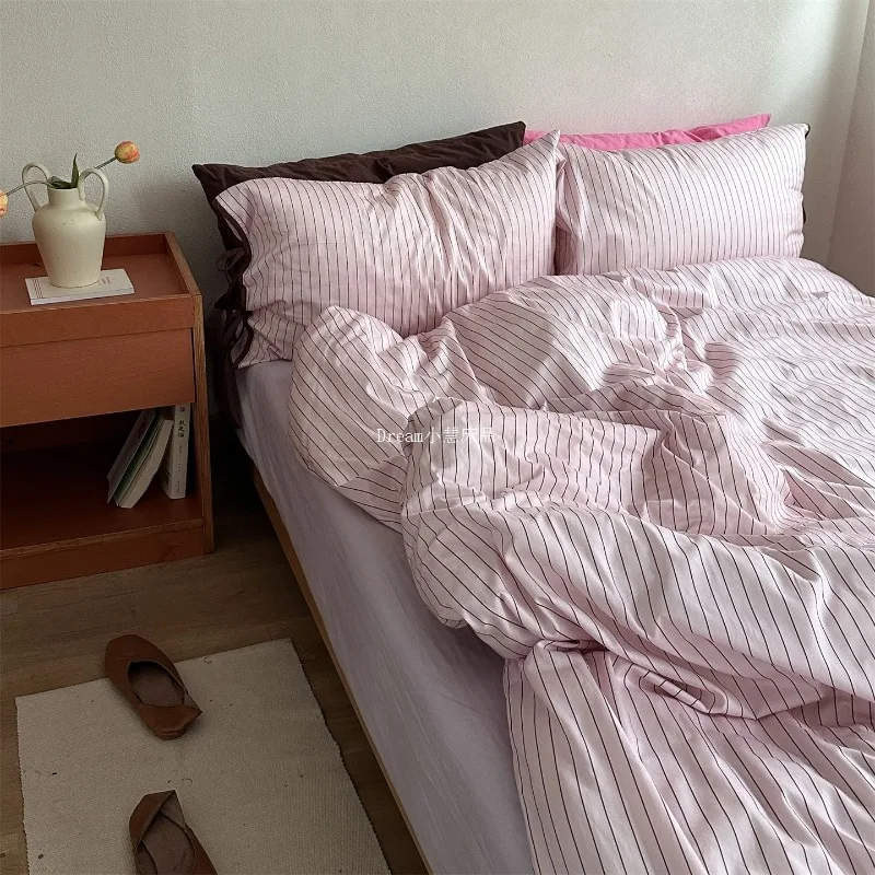 Cherry Latte Mixed Striped Cotton Bedding Set, Solid Cotton Duvet Cover, 4 Pieces Bed Linen for Student Dormitory Bedroom Use