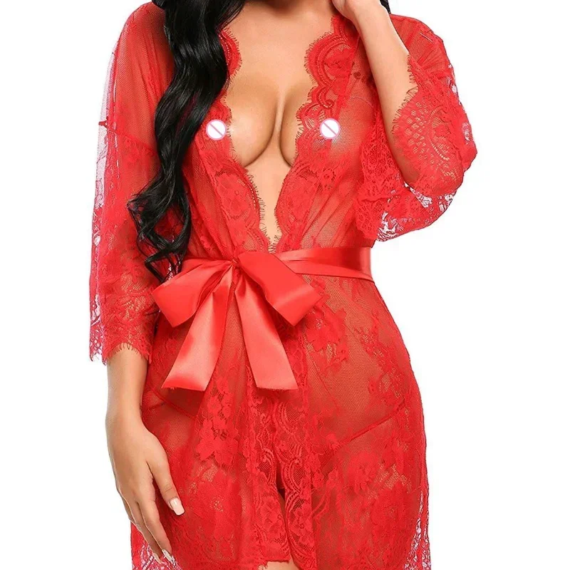 

Lace Nightwear Erotic Sexy Lingerie Sleepwear Women See Through Sleep Dress Solid Lace Pajamas Bath Robe Dress Nightgown