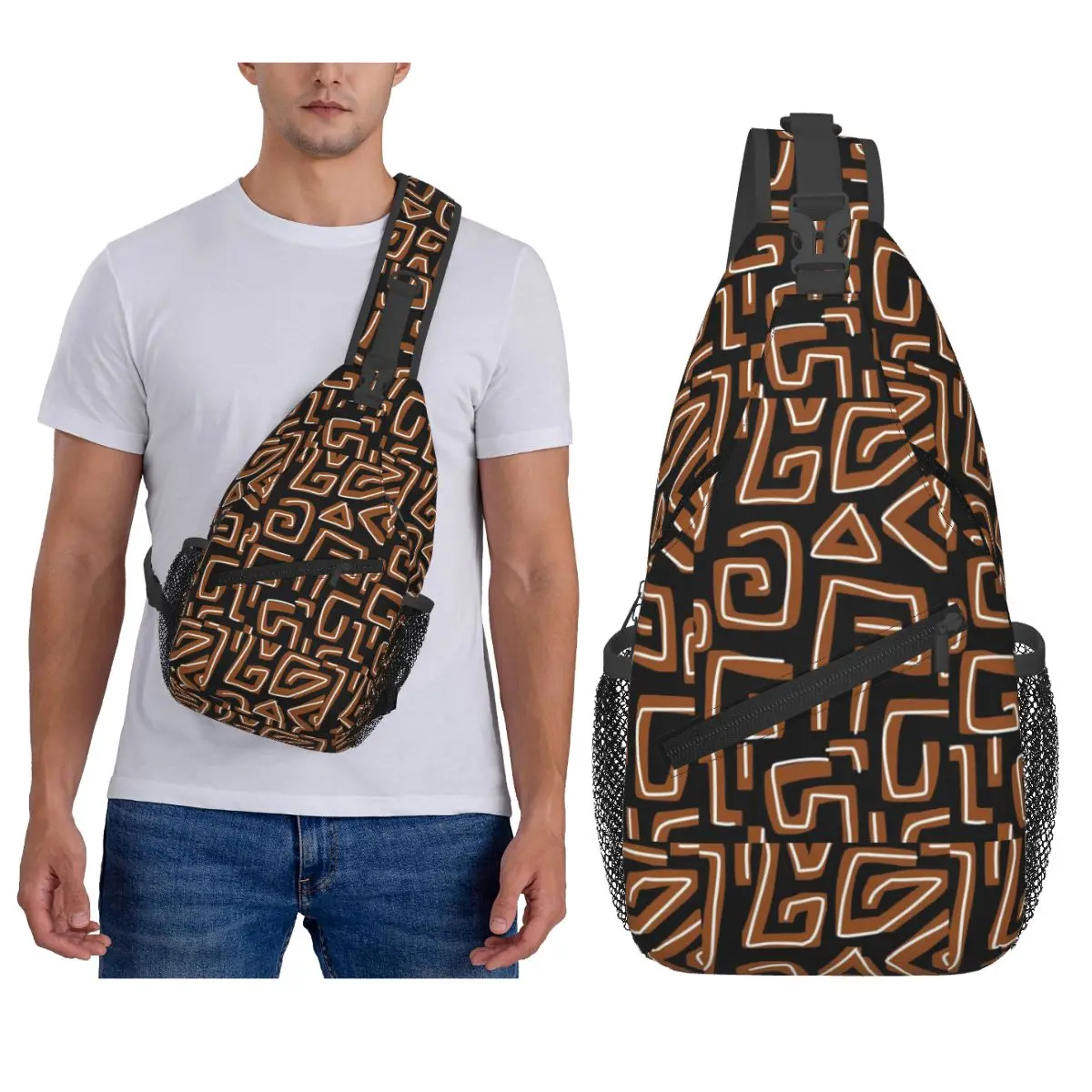 

African Bogolan Design Graphic Art Chest Bag Men Sling Crossbody Backpack Chest Bag Traveling Hiking Daypack Shoulder Bag