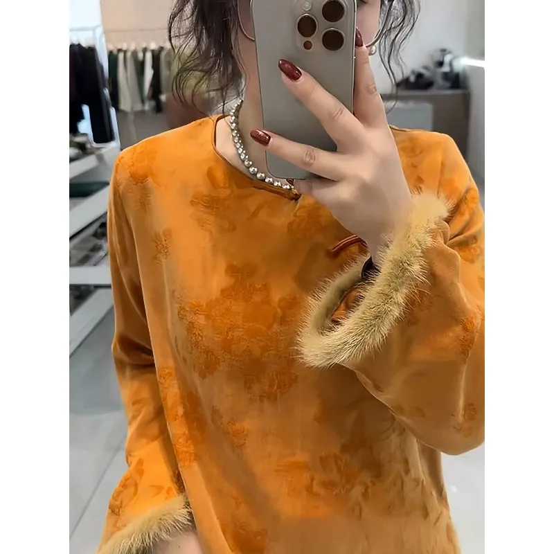 New Chinese-style National-style Shirts for Autumn New Spliced   raw Edge Cuffs Stylish Simple Tops